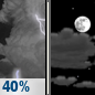 Tonight: A chance of showers and thunderstorms before 8pm.  Partly cloudy, with a low around 63. North wind around 7 mph.  Chance of precipitation is 40%. New precipitation amounts of less than a tenth of an inch, except higher amounts possible in thunderstorms. 