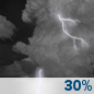 Tonight: A chance of showers and thunderstorms before 2am, then a slight chance of showers.  Mostly cloudy, with a low around 65. West wind 7 to 10 mph.  Chance of precipitation is 30%.
