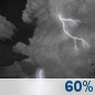 Overnight: Showers and thunderstorms likely, mainly before 3am, then showers likely and possibly a thunderstorm after 4am. Some of the storms could be severe.  Mostly cloudy, with a low around 71. Southwest wind around 10 mph, with gusts as high as 20 mph.  Chance of precipitation is 60%. New rainfall amounts of less than a tenth of an inch, except higher amounts possible in thunderstorms. 
