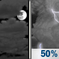 Thursday Night: A chance of showers and thunderstorms, mainly between 1am and 5am.  Mostly cloudy, with a low around 69. Calm wind.  Chance of precipitation is 50%. New rainfall amounts of less than a tenth of an inch, except higher amounts possible in thunderstorms. 