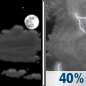 Monday Night: A chance of showers and thunderstorms after 2am.  Partly cloudy, with a low around 70. Chance of precipitation is 40%.