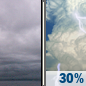 Today: A chance of showers and thunderstorms, mainly after 5pm.  Mostly cloudy, with a high near 81. Calm wind becoming northwest around 5 mph in the afternoon.  Chance of precipitation is 30%. New rainfall amounts of less than a tenth of an inch, except higher amounts possible in thunderstorms. 