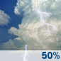 Saturday: A 50 percent chance of showers and thunderstorms, mainly between 8am and 3pm.  Partly sunny, with a high near 82. West southwest wind 10 to 13 mph, with gusts as high as 21 mph. 