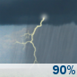 This Afternoon: A chance of showers and thunderstorms, then showers and possibly a thunderstorm after 3pm. Some of the storms could be severe.  High near 87. South southwest wind around 17 mph, with gusts as high as 31 mph.  Chance of precipitation is 90%. New rainfall amounts between a tenth and quarter of an inch, except higher amounts possible in thunderstorms. 